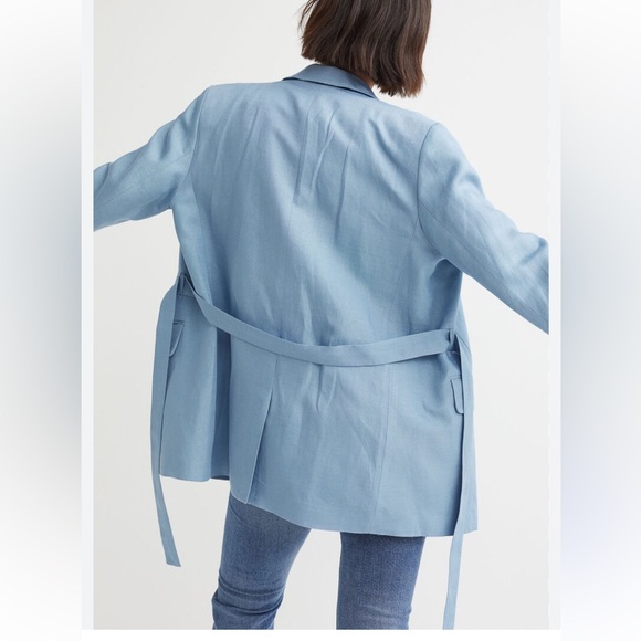 NWT H&M Light Blue Linen Belted Blazer Jacket Oversized Lined Size XSmall - Picture 5 of 16